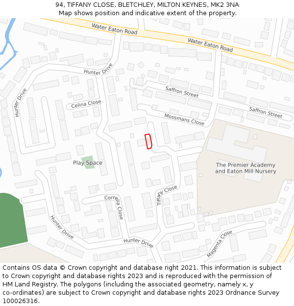94, TIFFANY CLOSE, BLETCHLEY, MILTON KEYNES, MK2 3NA: Location map and indicative extent of plot