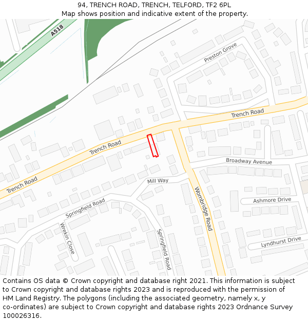 94, TRENCH ROAD, TRENCH, TELFORD, TF2 6PL: Location map and indicative extent of plot