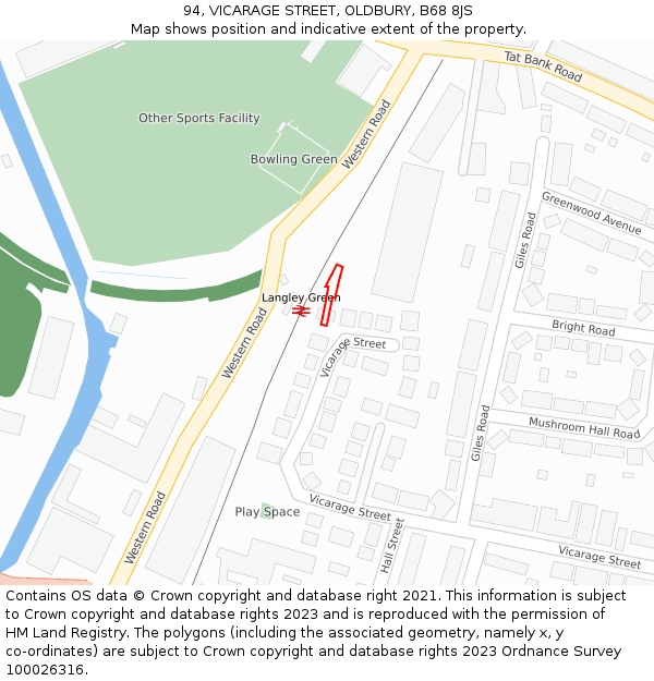 94, VICARAGE STREET, OLDBURY, B68 8JS: Location map and indicative extent of plot