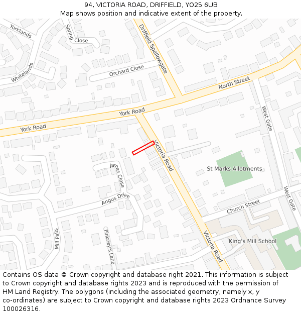 94, VICTORIA ROAD, DRIFFIELD, YO25 6UB: Location map and indicative extent of plot