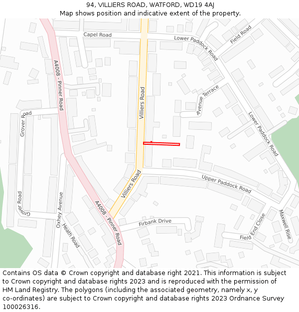 94, VILLIERS ROAD, WATFORD, WD19 4AJ: Location map and indicative extent of plot
