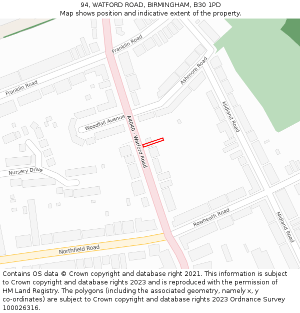94, WATFORD ROAD, BIRMINGHAM, B30 1PD: Location map and indicative extent of plot