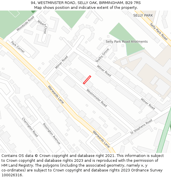 94, WESTMINSTER ROAD, SELLY OAK, BIRMINGHAM, B29 7RS: Location map and indicative extent of plot