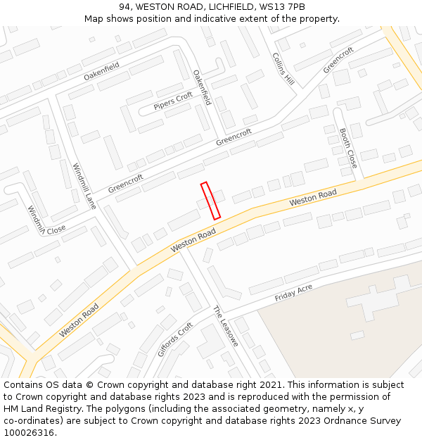 94, WESTON ROAD, LICHFIELD, WS13 7PB: Location map and indicative extent of plot