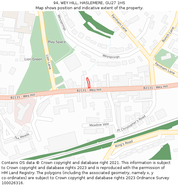 94, WEY HILL, HASLEMERE, GU27 1HS: Location map and indicative extent of plot