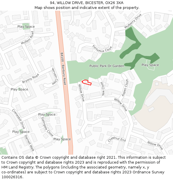 94, WILLOW DRIVE, BICESTER, OX26 3XA: Location map and indicative extent of plot