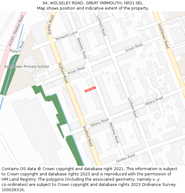 94, WOLSELEY ROAD, GREAT YARMOUTH, NR31 0EL: Location map and indicative extent of plot