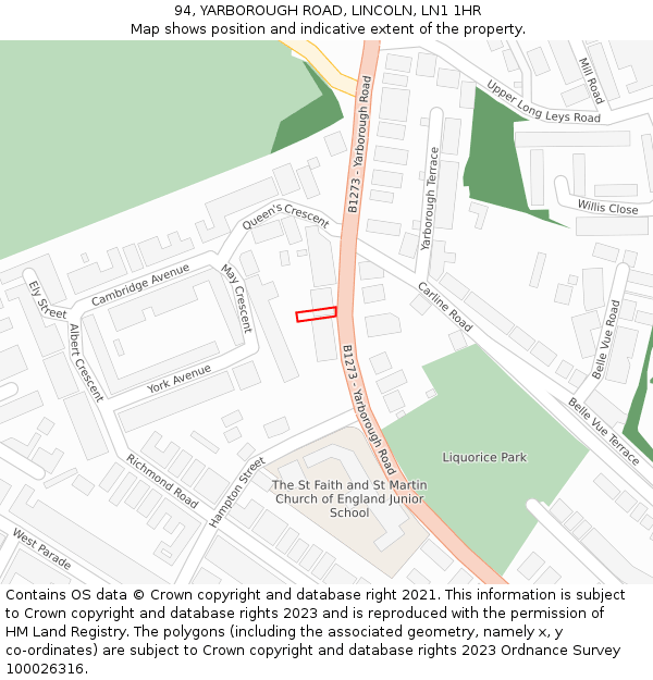 94, YARBOROUGH ROAD, LINCOLN, LN1 1HR: Location map and indicative extent of plot