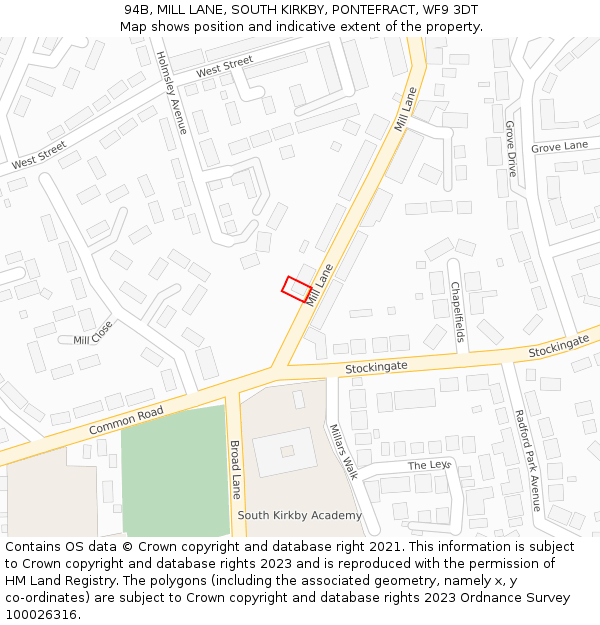 94B, MILL LANE, SOUTH KIRKBY, PONTEFRACT, WF9 3DT: Location map and indicative extent of plot
