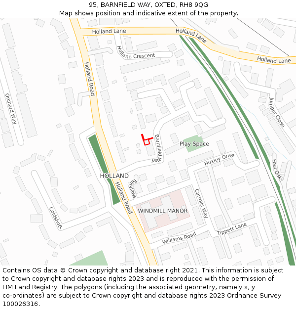 95, BARNFIELD WAY, OXTED, RH8 9QG: Location map and indicative extent of plot