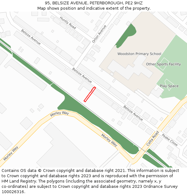 95, BELSIZE AVENUE, PETERBOROUGH, PE2 9HZ: Location map and indicative extent of plot