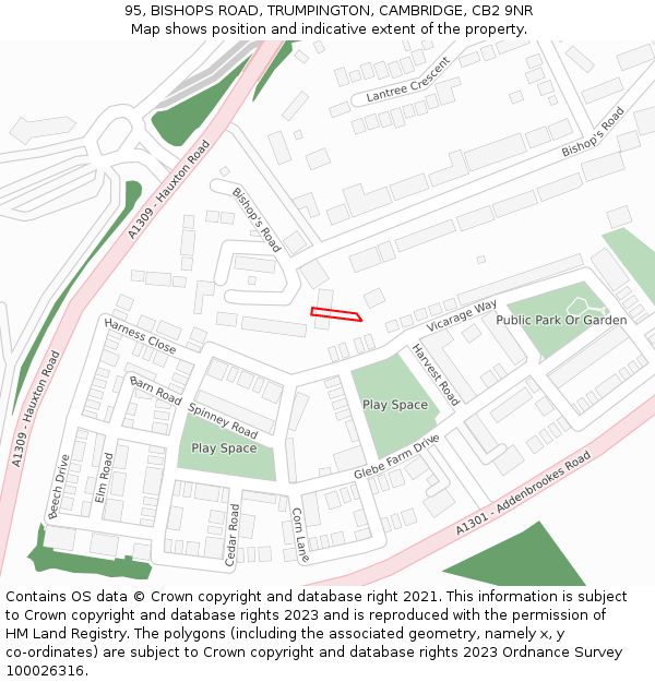 95, BISHOPS ROAD, TRUMPINGTON, CAMBRIDGE, CB2 9NR: Location map and indicative extent of plot