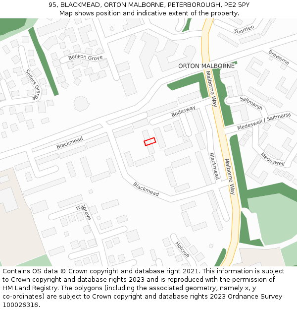 95, BLACKMEAD, ORTON MALBORNE, PETERBOROUGH, PE2 5PY: Location map and indicative extent of plot