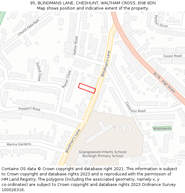 95, BLINDMANS LANE, CHESHUNT, WALTHAM CROSS, EN8 9DN: Location map and indicative extent of plot