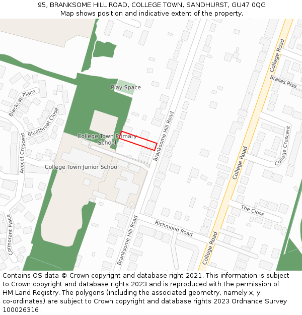 95, BRANKSOME HILL ROAD, COLLEGE TOWN, SANDHURST, GU47 0QG: Location map and indicative extent of plot