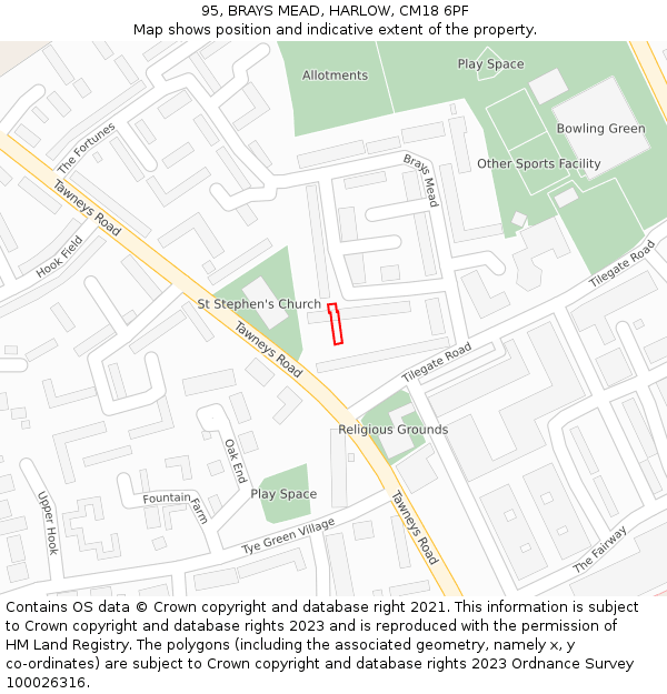 95, BRAYS MEAD, HARLOW, CM18 6PF: Location map and indicative extent of plot