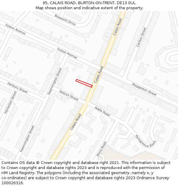 95, CALAIS ROAD, BURTON-ON-TRENT, DE13 0UL: Location map and indicative extent of plot