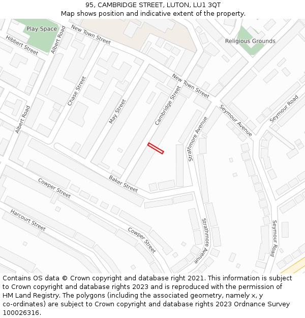 95, CAMBRIDGE STREET, LUTON, LU1 3QT: Location map and indicative extent of plot