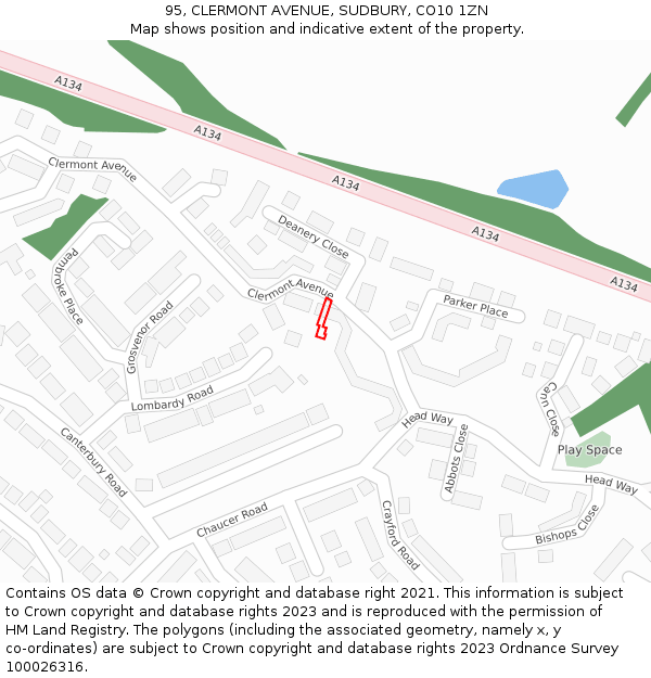 95, CLERMONT AVENUE, SUDBURY, CO10 1ZN: Location map and indicative extent of plot