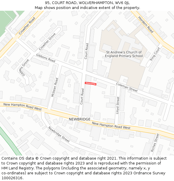 95, COURT ROAD, WOLVERHAMPTON, WV6 0JL: Location map and indicative extent of plot
