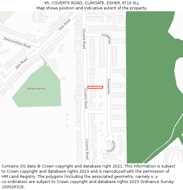 95, COVERTS ROAD, CLAYGATE, ESHER, KT10 0LL: Location map and indicative extent of plot
