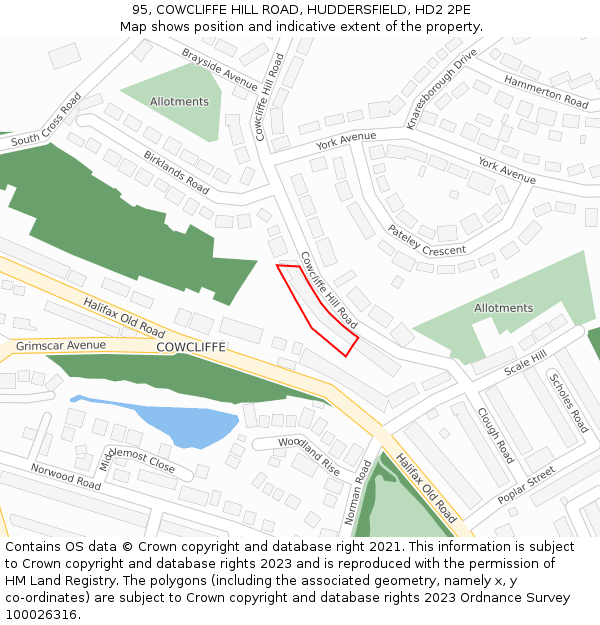 95, COWCLIFFE HILL ROAD, HUDDERSFIELD, HD2 2PE: Location map and indicative extent of plot