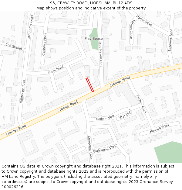 95, CRAWLEY ROAD, HORSHAM, RH12 4DS: Location map and indicative extent of plot