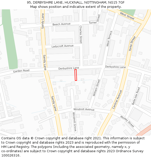 95, DERBYSHIRE LANE, HUCKNALL, NOTTINGHAM, NG15 7GF: Location map and indicative extent of plot