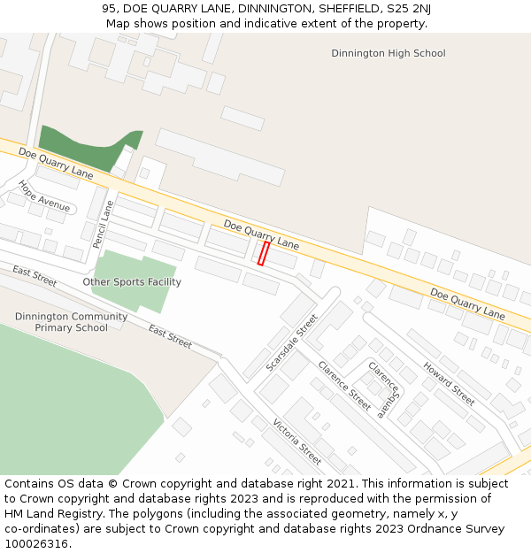 95, DOE QUARRY LANE, DINNINGTON, SHEFFIELD, S25 2NJ: Location map and indicative extent of plot