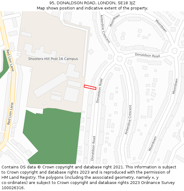 95, DONALDSON ROAD, LONDON, SE18 3JZ: Location map and indicative extent of plot