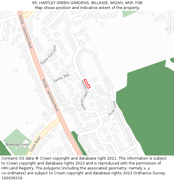 95, HARTLEY GREEN GARDENS, BILLINGE, WIGAN, WN5 7GB: Location map and indicative extent of plot