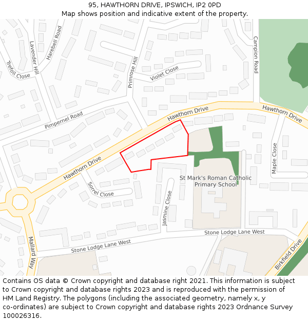95, HAWTHORN DRIVE, IPSWICH, IP2 0PD: Location map and indicative extent of plot