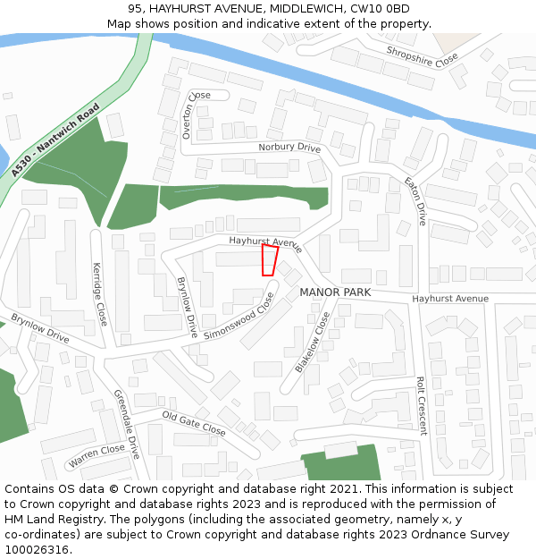 95, HAYHURST AVENUE, MIDDLEWICH, CW10 0BD: Location map and indicative extent of plot