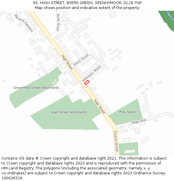95, HIGH STREET, BYERS GREEN, SPENNYMOOR, DL16 7NP: Location map and indicative extent of plot