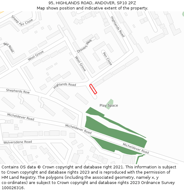 95, HIGHLANDS ROAD, ANDOVER, SP10 2PZ: Location map and indicative extent of plot