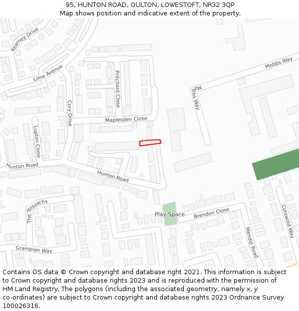 95, HUNTON ROAD, OULTON, LOWESTOFT, NR32 3QP: Location map and indicative extent of plot