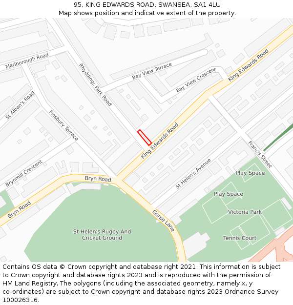 95, KING EDWARDS ROAD, SWANSEA, SA1 4LU: Location map and indicative extent of plot