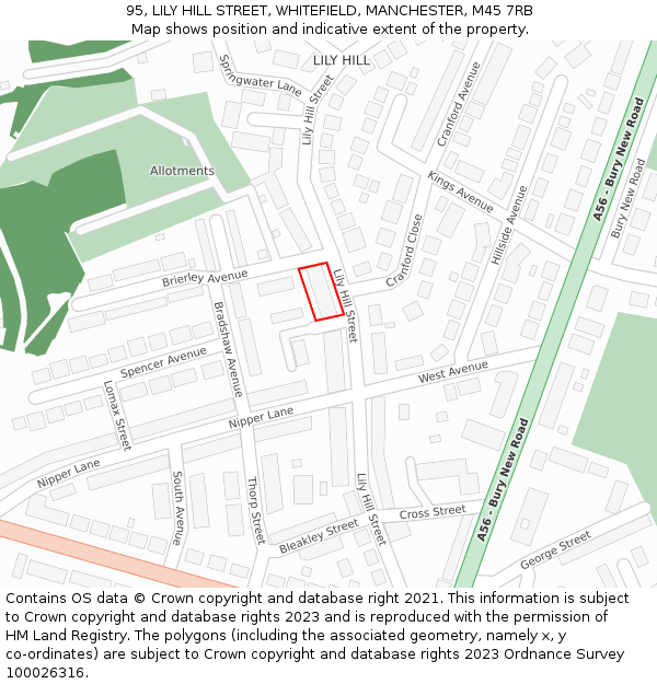 95, LILY HILL STREET, WHITEFIELD, MANCHESTER, M45 7RB: Location map and indicative extent of plot