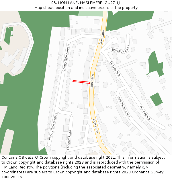 95, LION LANE, HASLEMERE, GU27 1JL: Location map and indicative extent of plot