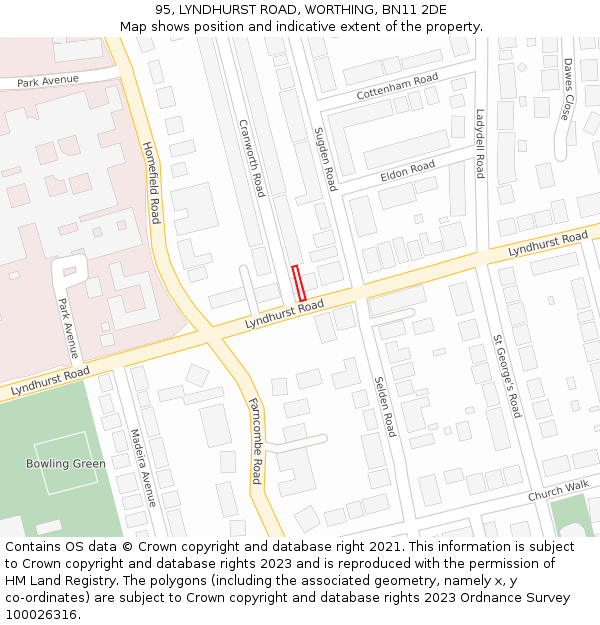 95, LYNDHURST ROAD, WORTHING, BN11 2DE: Location map and indicative extent of plot