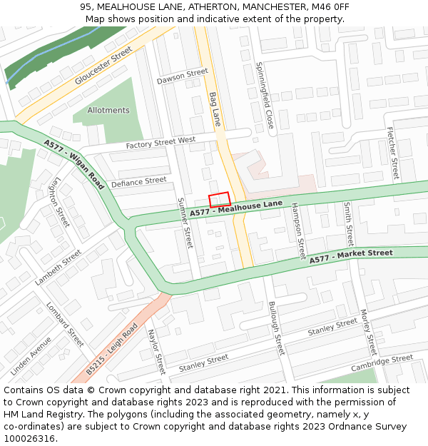 95, MEALHOUSE LANE, ATHERTON, MANCHESTER, M46 0FF: Location map and indicative extent of plot
