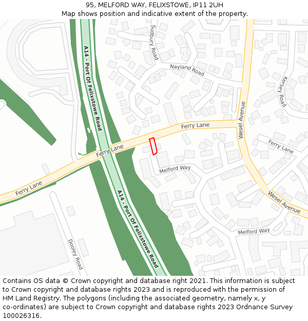 95, MELFORD WAY, FELIXSTOWE, IP11 2UH: Location map and indicative extent of plot