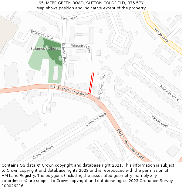 95, MERE GREEN ROAD, SUTTON COLDFIELD, B75 5BY: Location map and indicative extent of plot