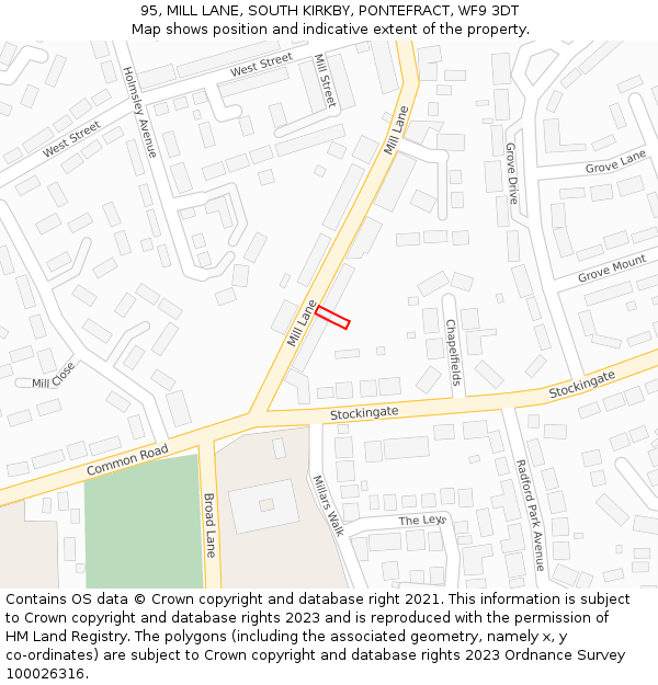 95, MILL LANE, SOUTH KIRKBY, PONTEFRACT, WF9 3DT: Location map and indicative extent of plot