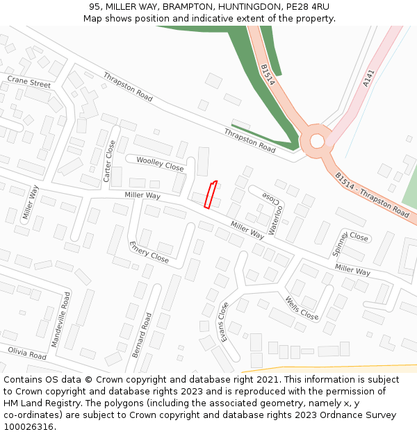 95, MILLER WAY, BRAMPTON, HUNTINGDON, PE28 4RU: Location map and indicative extent of plot