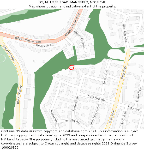 95, MILLRISE ROAD, MANSFIELD, NG18 4YP: Location map and indicative extent of plot