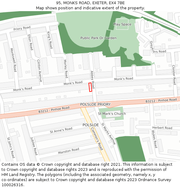 95, MONKS ROAD, EXETER, EX4 7BE: Location map and indicative extent of plot