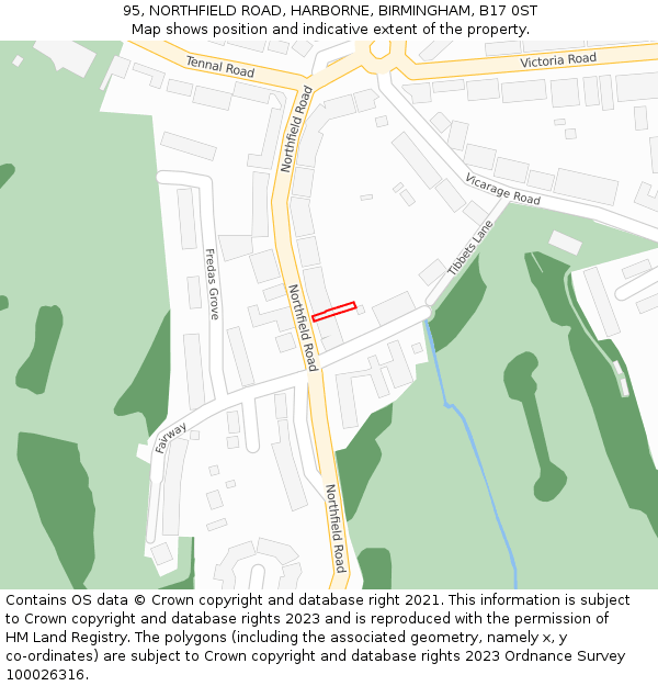 95, NORTHFIELD ROAD, HARBORNE, BIRMINGHAM, B17 0ST: Location map and indicative extent of plot