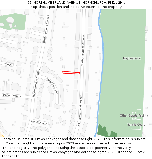 95, NORTHUMBERLAND AVENUE, HORNCHURCH, RM11 2HN: Location map and indicative extent of plot