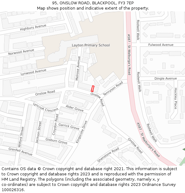 95, ONSLOW ROAD, BLACKPOOL, FY3 7EP: Location map and indicative extent of plot